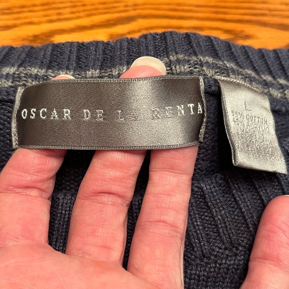 Oscar de la Renta Blue/Yellow/White Windowpane Front Crewneck Sweater Size L - Picture 5 of 6